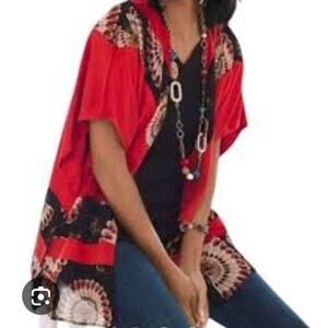 Chico's women's s/m Paprika Faux Suede black Chiffon Open front Ruana Kimono